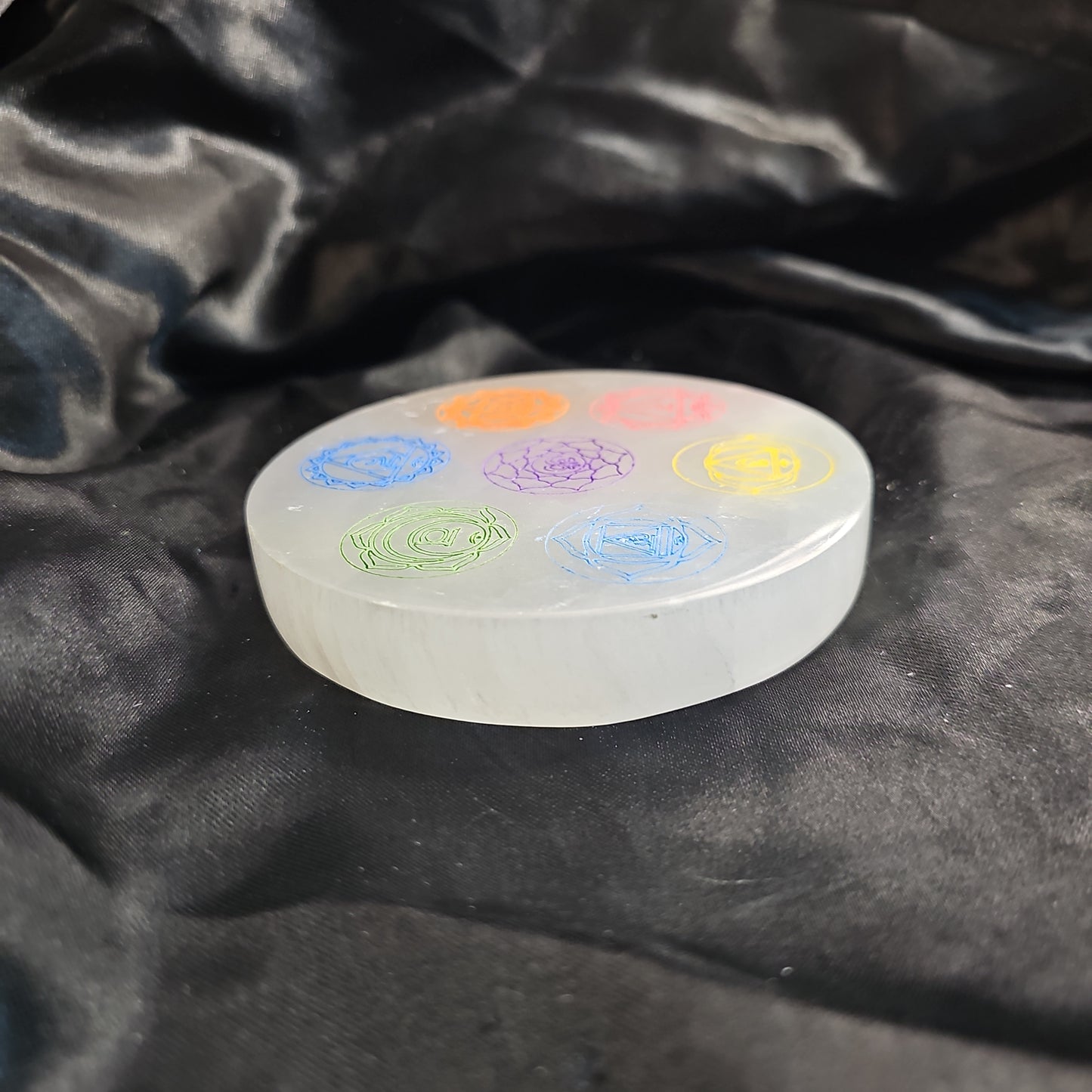 Colored Chakra Symbol - Round - 4" Selenite Charging Plate