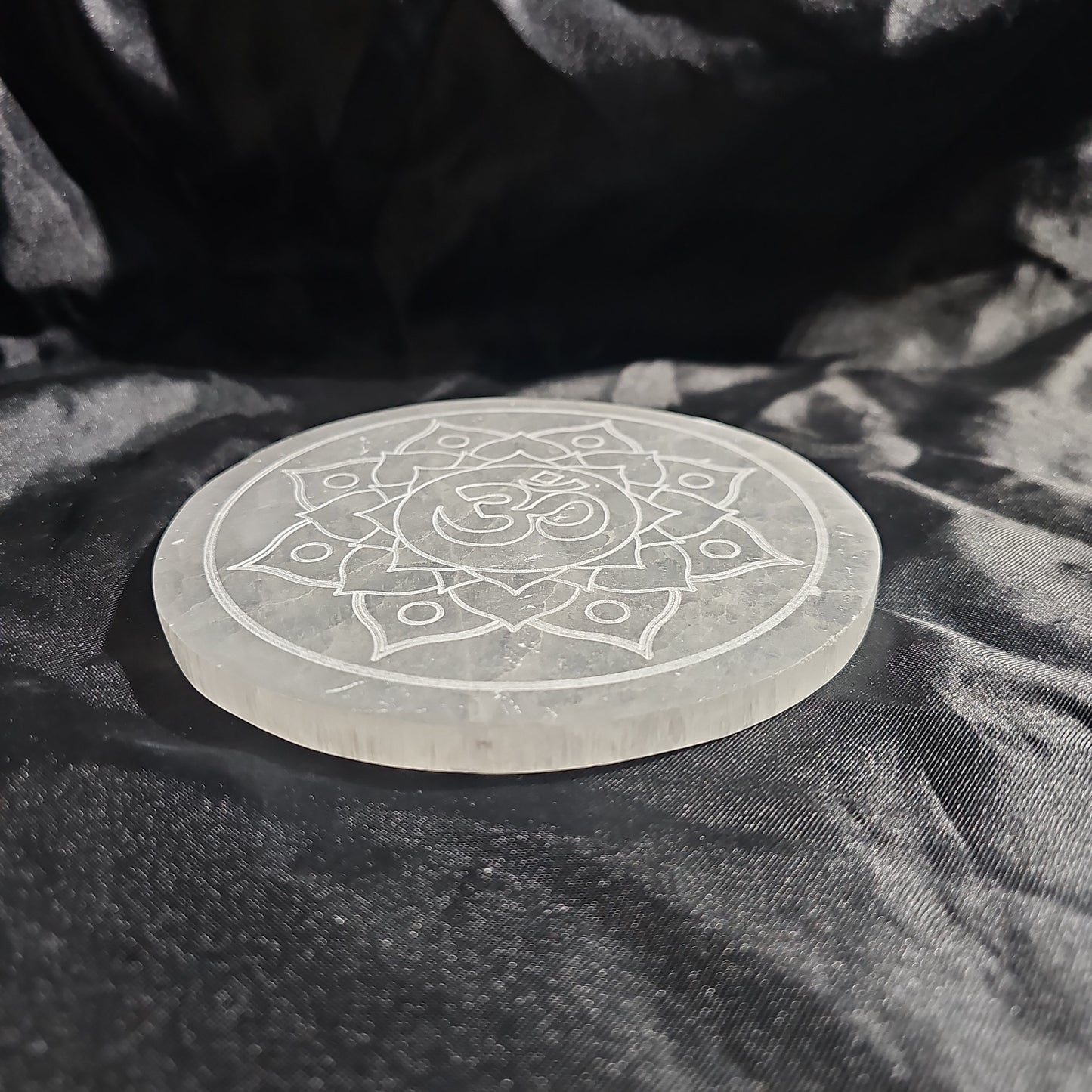 OM in Lotus Symbol - 5 1/2" Selenite Charging Plate