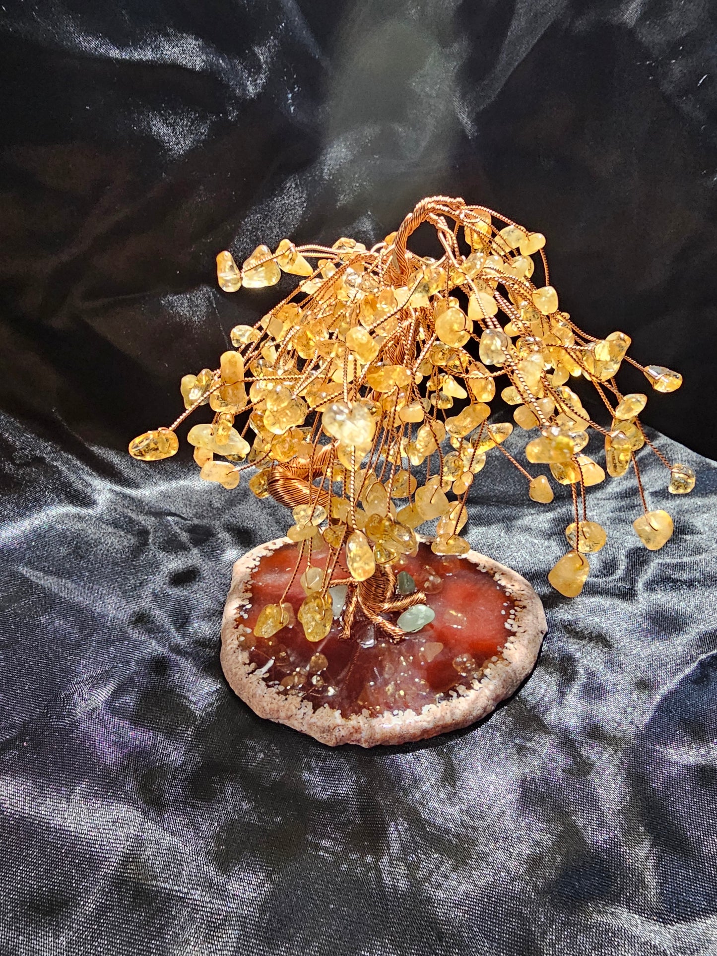 Citrine Crystal Willow Tree w/Copper Tree Trunk and Branches. Along with Green Aventurine at Roots