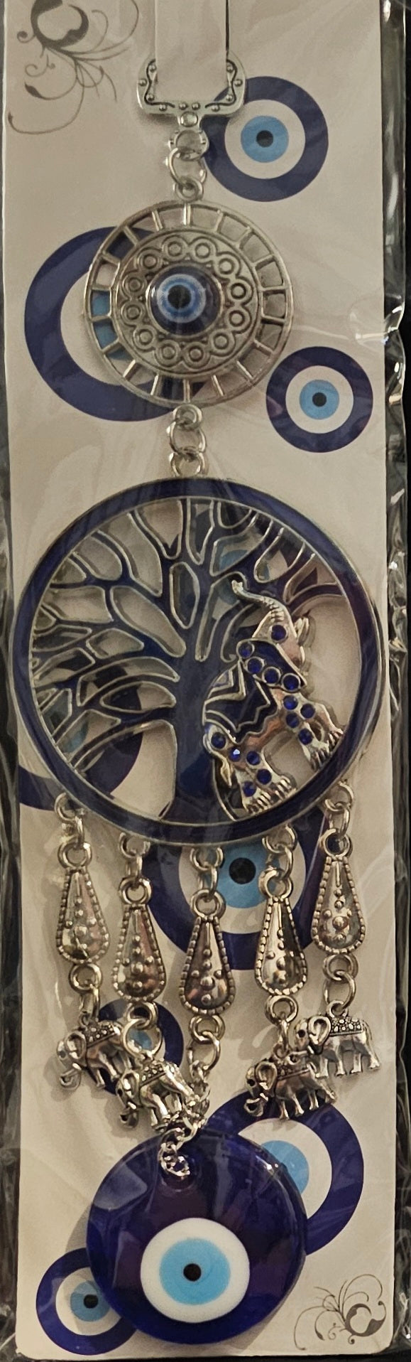 Hanging Blue Tree of Life with Evil Eye  Elephants