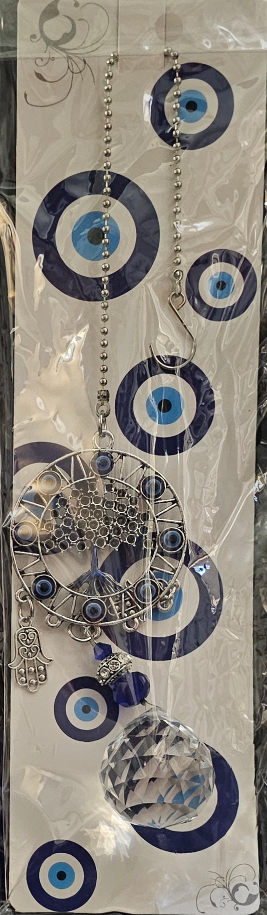 Hanging Evil Eye Tree of Life with Hamsa Hands and an Egyptian Crystal