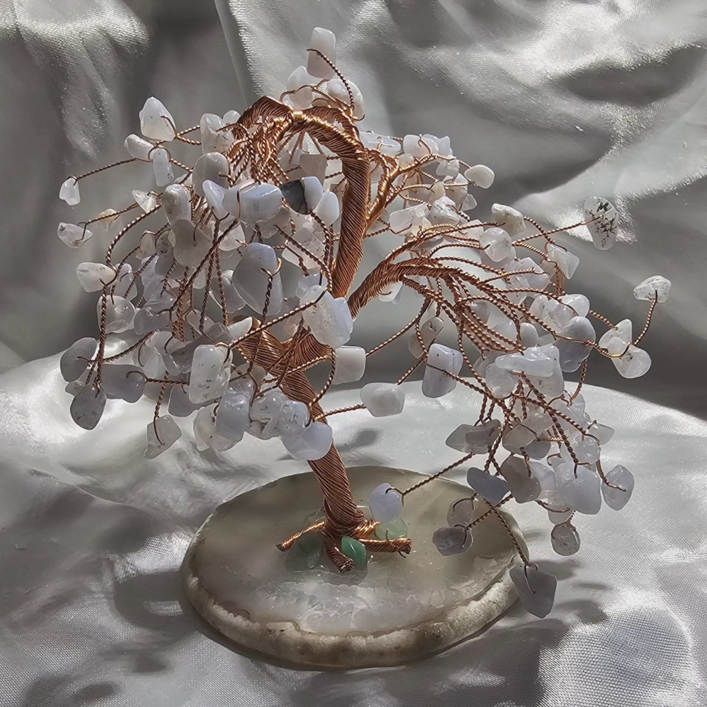 Blue Lace Agate Crystal Willow Tree w/Copper Tree Trunk and Branches. Along with Green Aventurine at Roots
