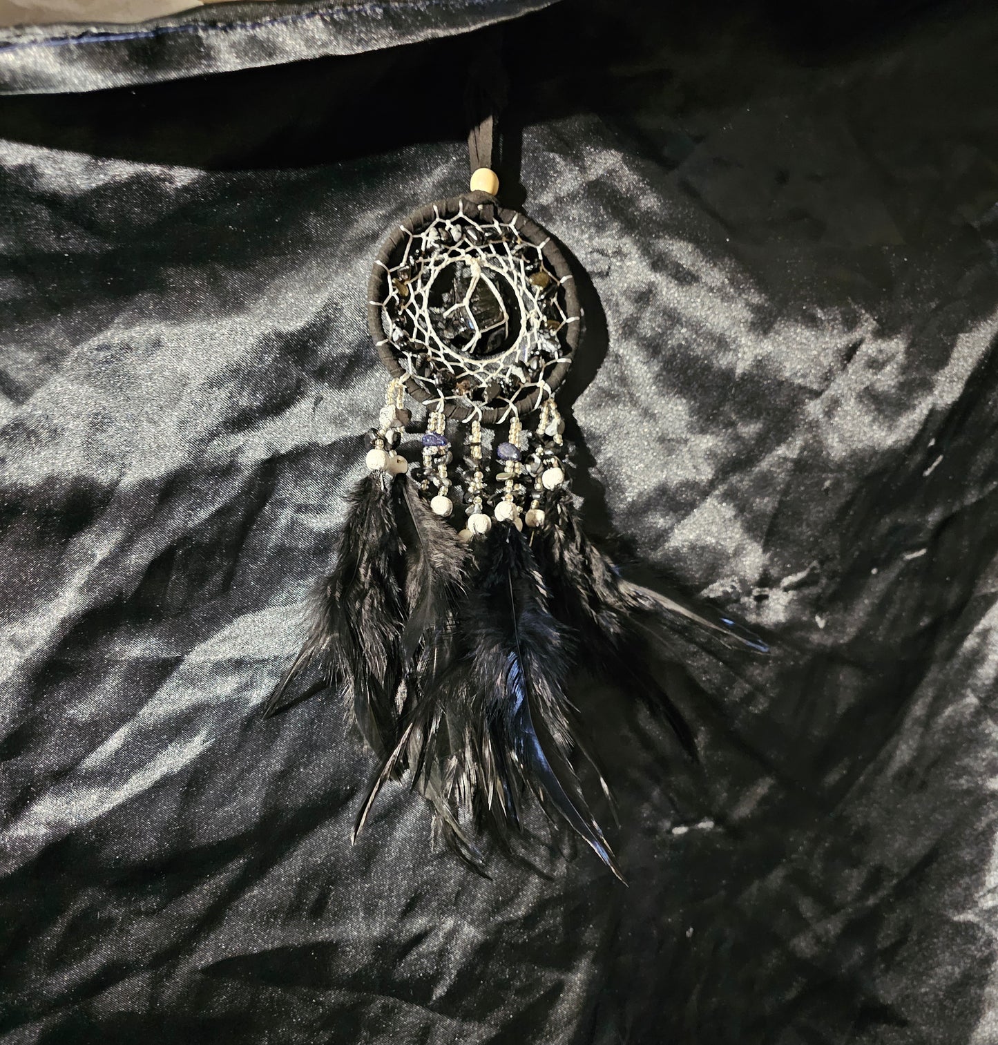 Dreamcatcher – Obsidian, Black w/ Black Feathers 3.25″Dia. X 9.85″L