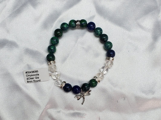 Chrysocolla, Clear Quartz, Dragonfly Charm Bracelet - 8mm