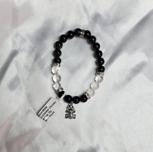 Gold Sheen Obsidian. Clear Quartz, Money Frog Charm Bracelet - 8mm