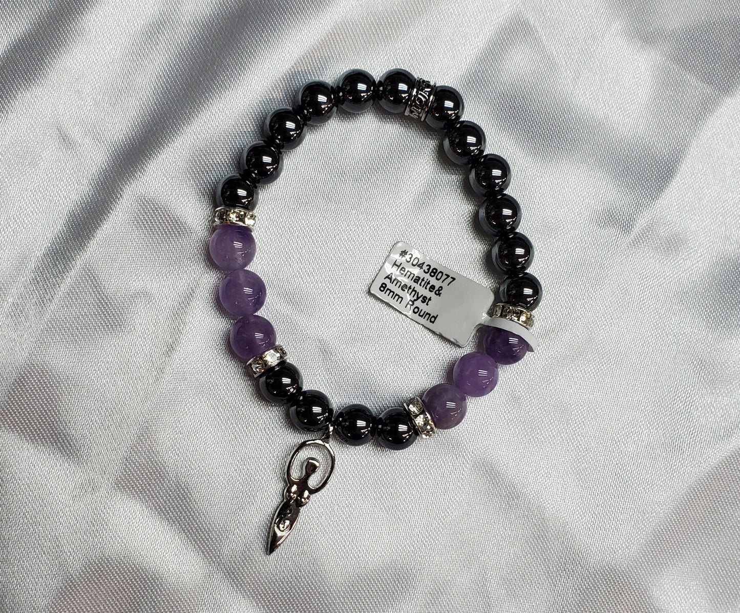 Hematite, Amethyst, Goddess Charm Bracelet - 8mm