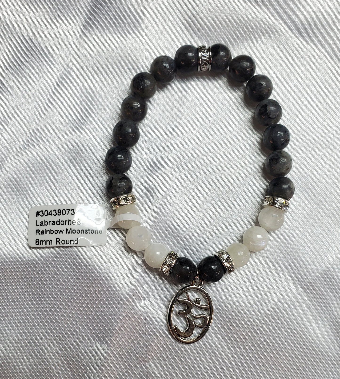 Labradorite, Rainbow Moonstone, OM Charm Bracelet - 8mm