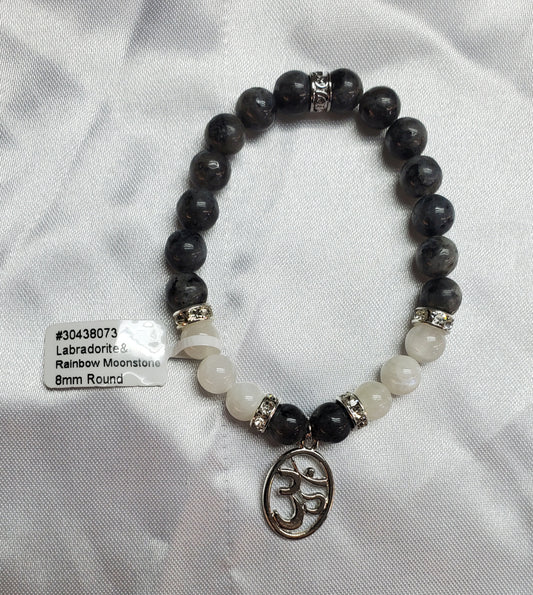 Labradorite, Rainbow Moonstone, OM Charm Bracelet - 8mm