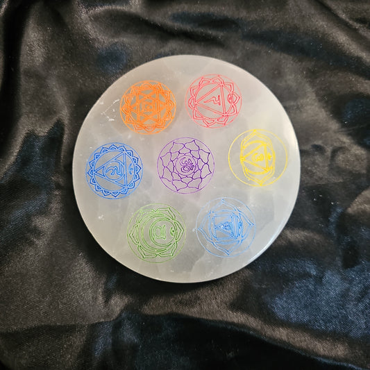 Colored Chakra Symbol - Round - 4" Selenite Charging Plate