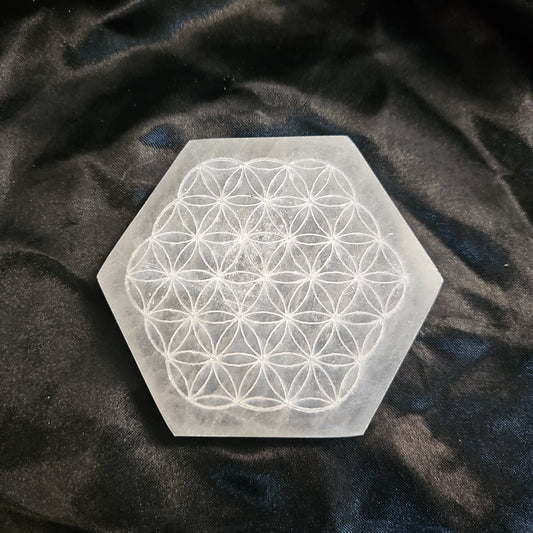 Flower of Life - Hexagon - 5 1/2" Selenite Charging Plate