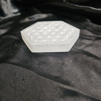 Flower of Life - Hexagon - 4" Selenite Charging Plate