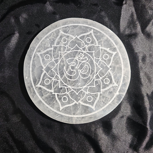 OM in Lotus Symbol - 5 1/2" Selenite Charging Plate