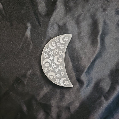 Selenite Crescent Moon w/Etched Moons and Stars - 6"