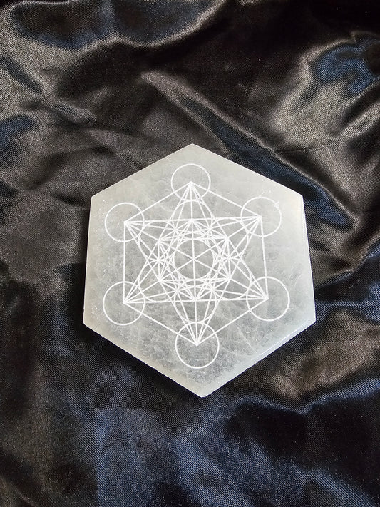 Metatron's Cube - Hexagon - 4" Selenite Charging Plate