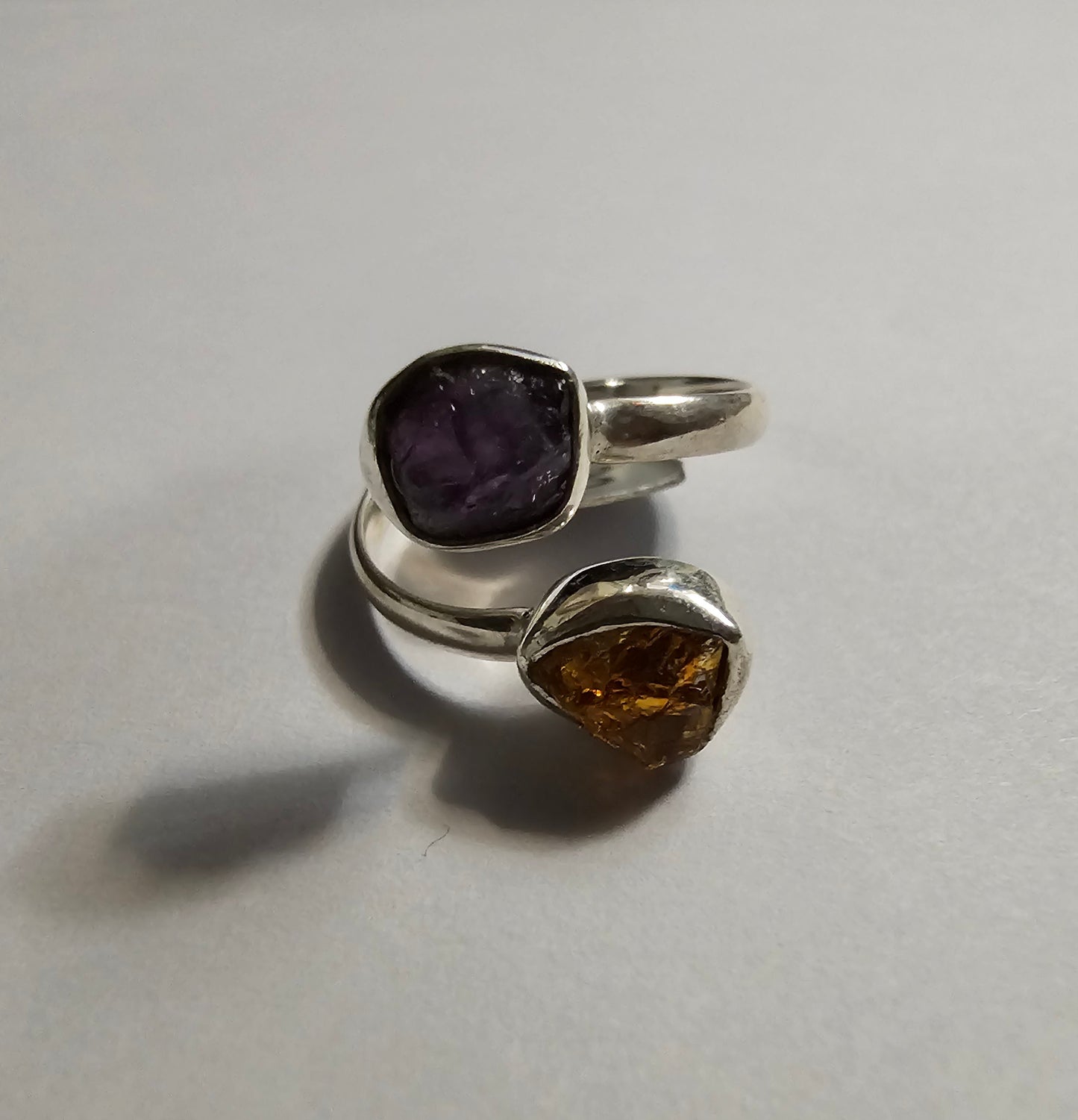 Sterling Silver Adjustable Ring - Amethyst & Citrine - Nugget