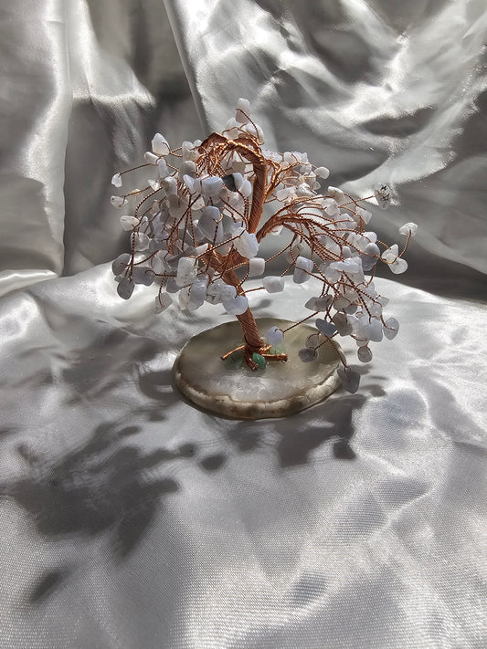 Blue Lace Agate Crystal Willow Tree w/Copper Tree Trunk and Branches. Along with Green Aventurine at Roots