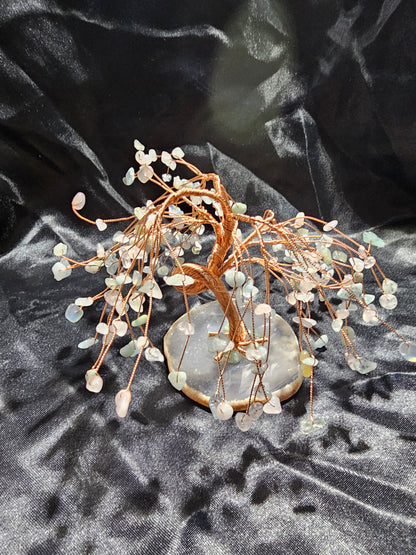 Morganite Crystal Willow Tree w/Copper Tree Trunk and Branches. Along with Green Aventurine at Roots