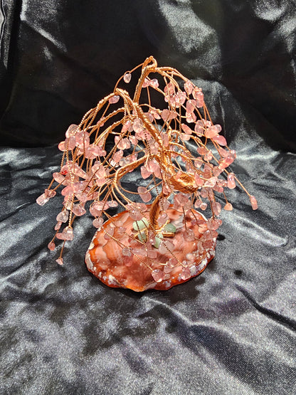 Strawberry Quartz Crystal Willow Tree w/Copper Tree Trunk and Branches. Along with Green Aventurine at Roots