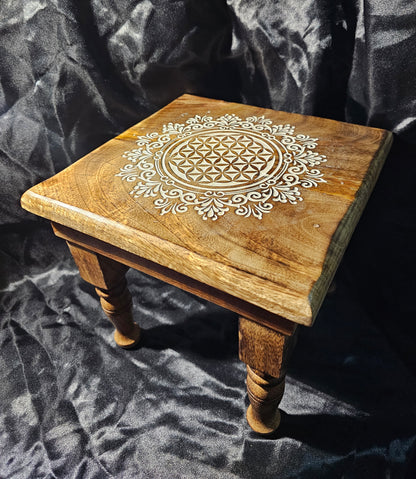 ALTAR TABLE – MANGO WOOD FLOWER OF LIFE ENGRAVED 8"