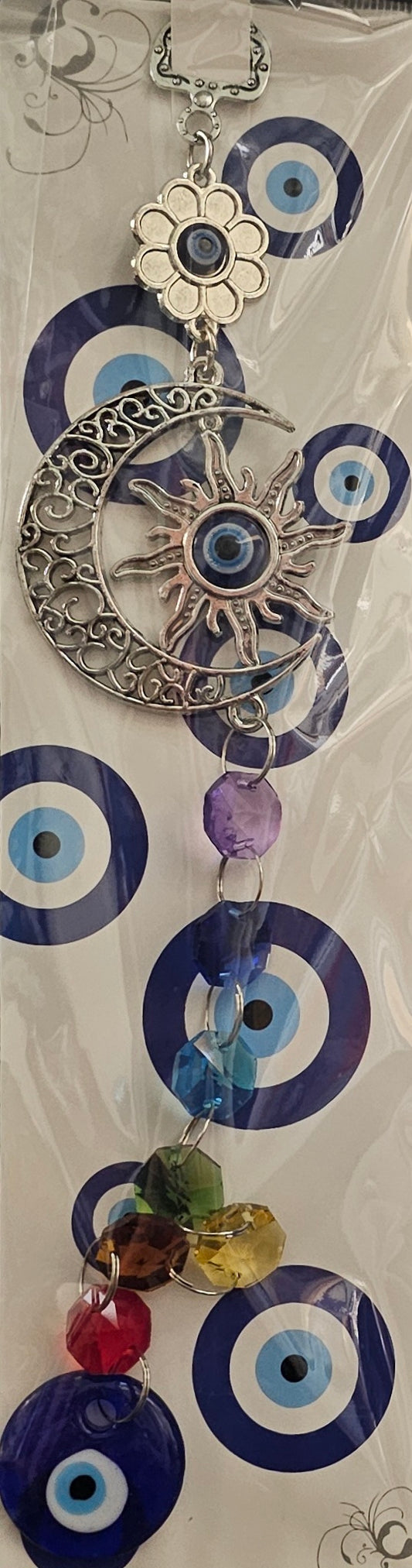 Hanging Evil Eye Crescent Moon with Sun and Colorful Chakra Beads