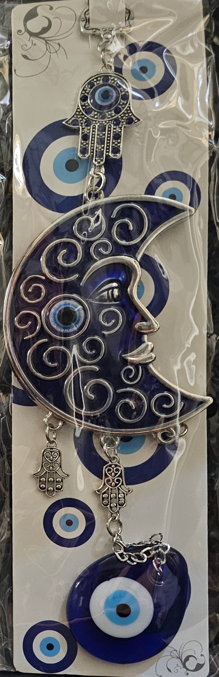Hanging Blue Waxing Crescent Moon Evil Eye with Hamsa Hands and Evil Eye Below