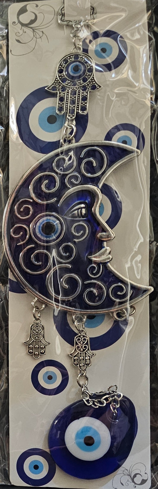 Hanging Blue Waxing Crescent Moon Evil Eye with Hamsa Hands and Evil Eye Below