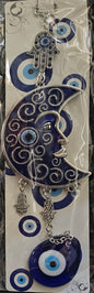 Hanging Blue Waxing Crescent Moon Evil Eye with Hamsa Hands and Evil Eye Below