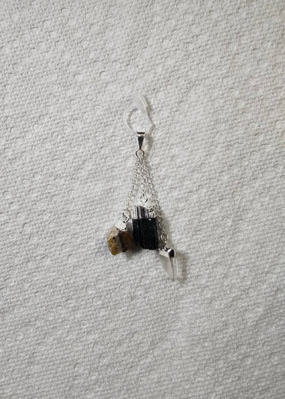 Protection Pendant w/ Black Tourmaline - Tiger Eye - Quartz Crystal