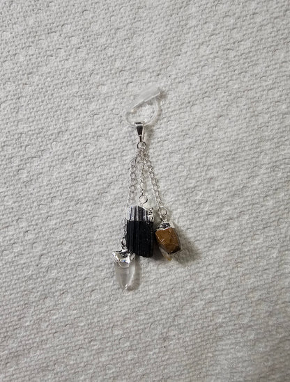 Protection Pendant w/ Black Tourmaline - Tiger Eye - Quartz Crystal