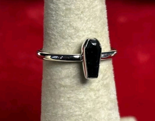 Sterling Silver Stackable Black Tourmaline Coffin Ring -