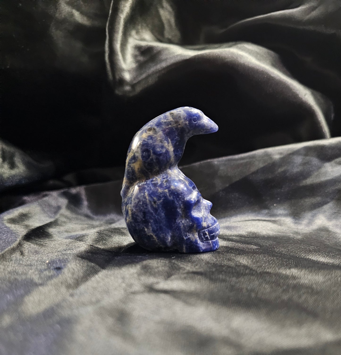 Hand‑Carved Sodalite Skull with Bird Totem | Metaphysical Crystal Carving