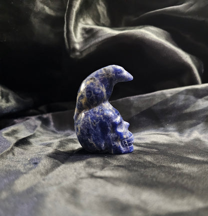 Hand‑Carved Sodalite Skull with Bird Totem | Metaphysical Crystal Carving