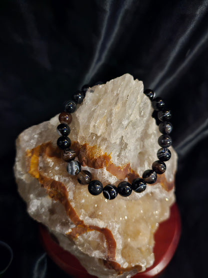 Black Striped Onyx Bracelet – 8mm Natural Stone Beads – 8.5" Stretch Fit