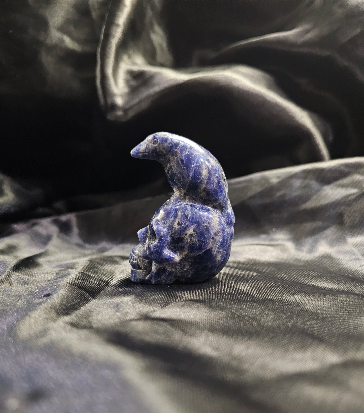 Hand‑Carved Sodalite Skull with Bird Totem | Metaphysical Crystal Carving