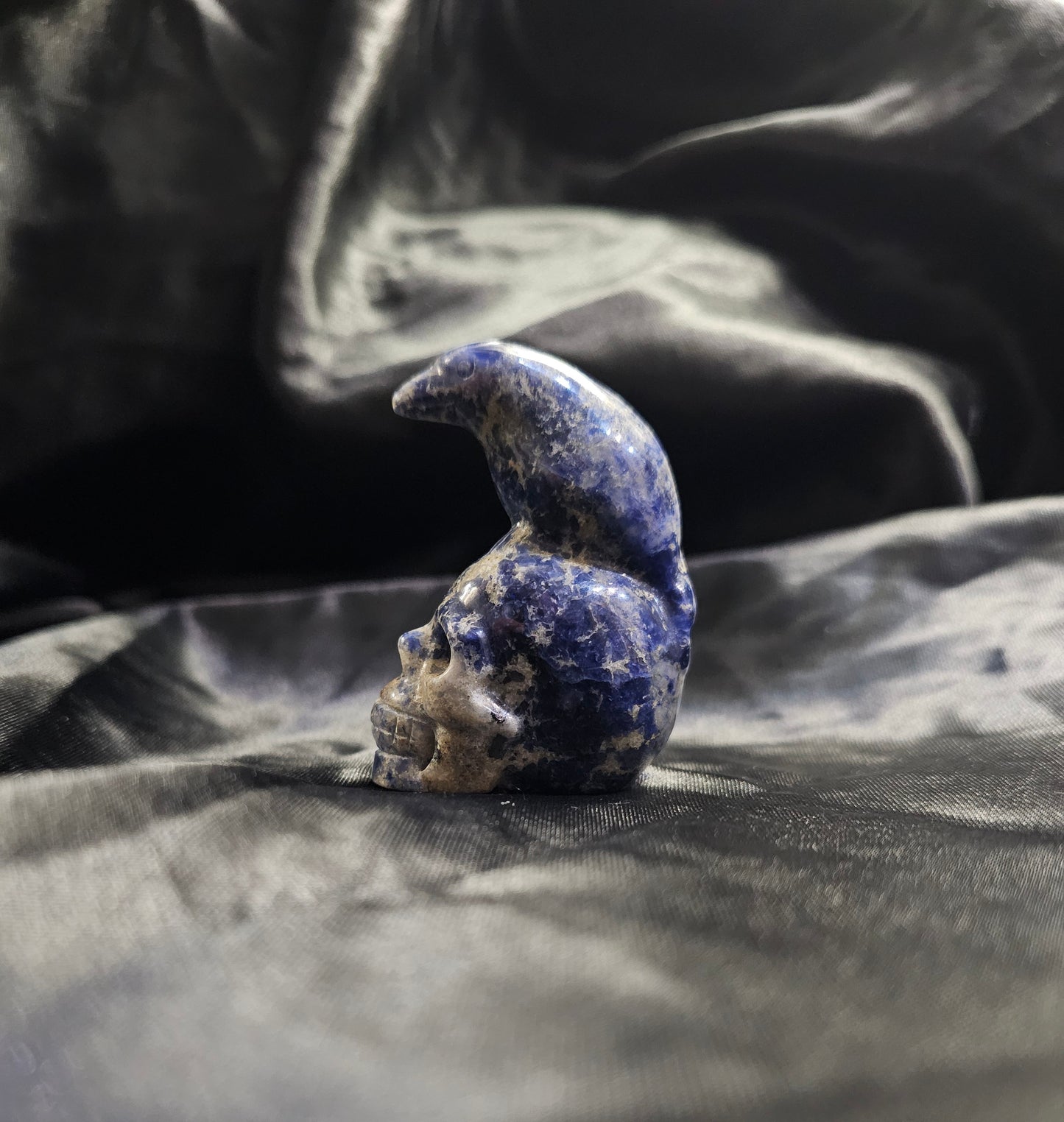 Hand‑Carved Sodalite Skull with Bird Totem | Metaphysical Crystal Carving