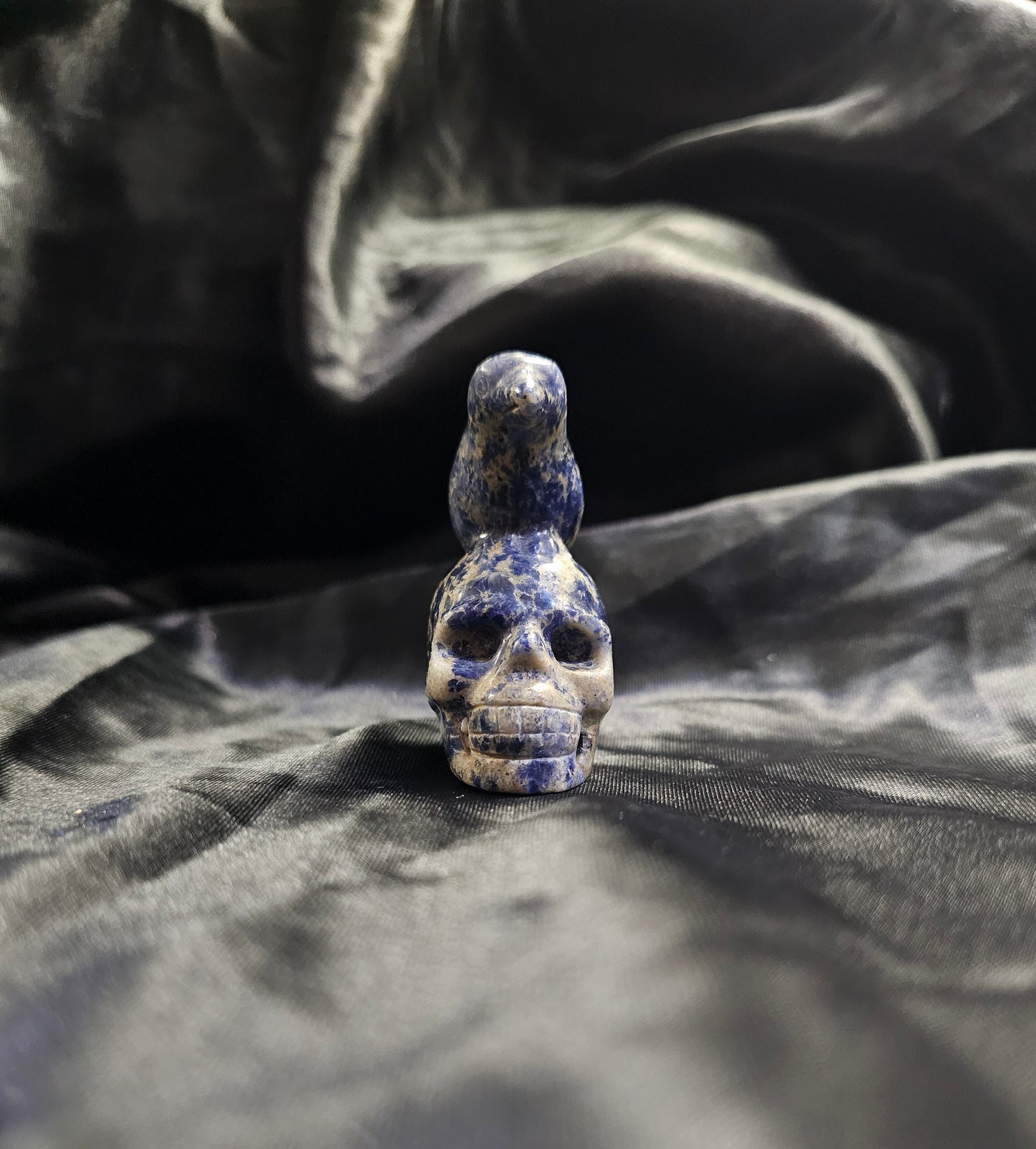 Hand‑Carved Sodalite Skull with Bird Totem | Metaphysical Crystal Carving