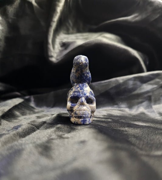 Hand‑Carved Sodalite Skull with Bird Totem | Metaphysical Crystal Carving