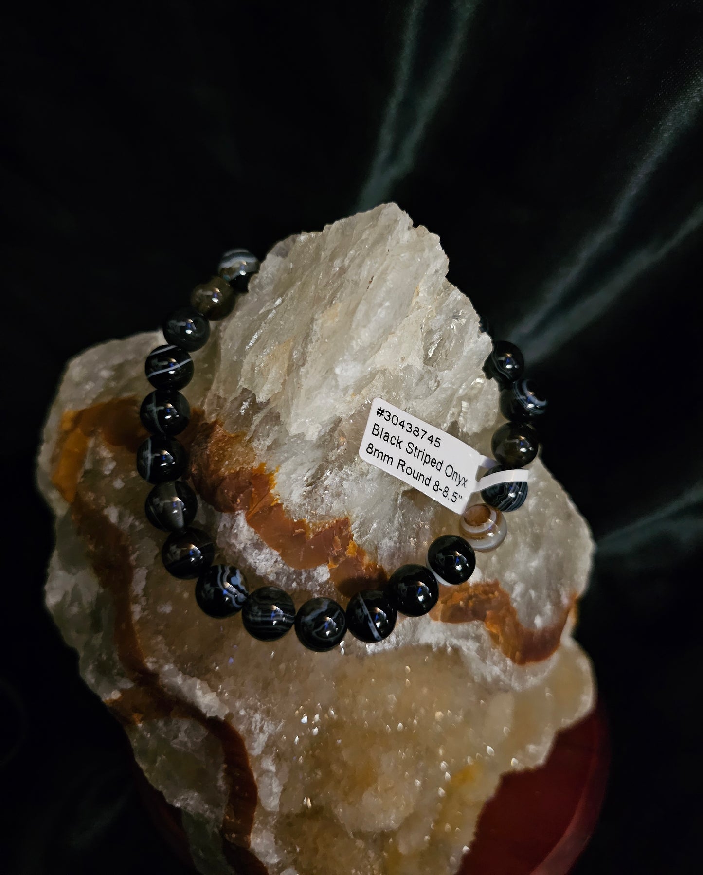 Black Striped Onyx Bracelet – 8mm Natural Stone Beads – 8.5" Stretch Fit