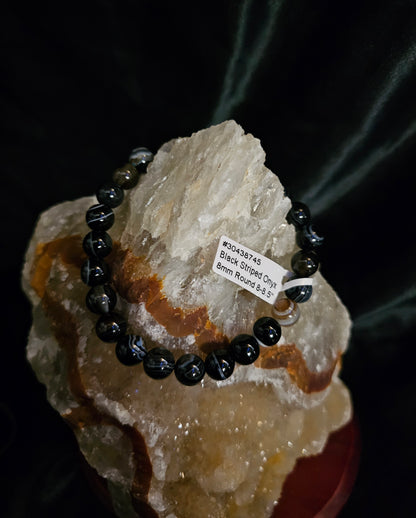 Black Striped Onyx Bracelet – 8mm Natural Stone Beads – 8.5" Stretch Fit