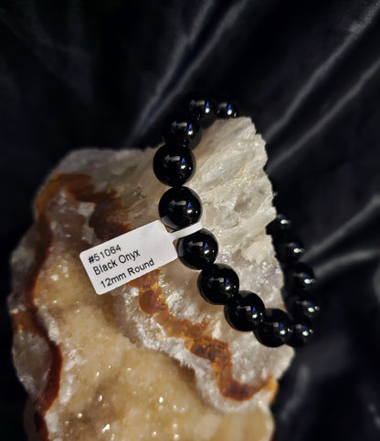 Black Onyx Bracelet – 12mm Natural Stone Beads – Stretch Fit