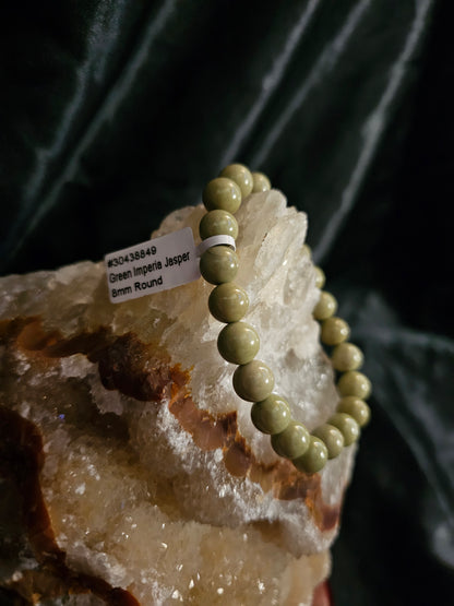 Green Imperial Jasper Bracelet – 8mm Natural Stone Beads – 8" Stretch Fit