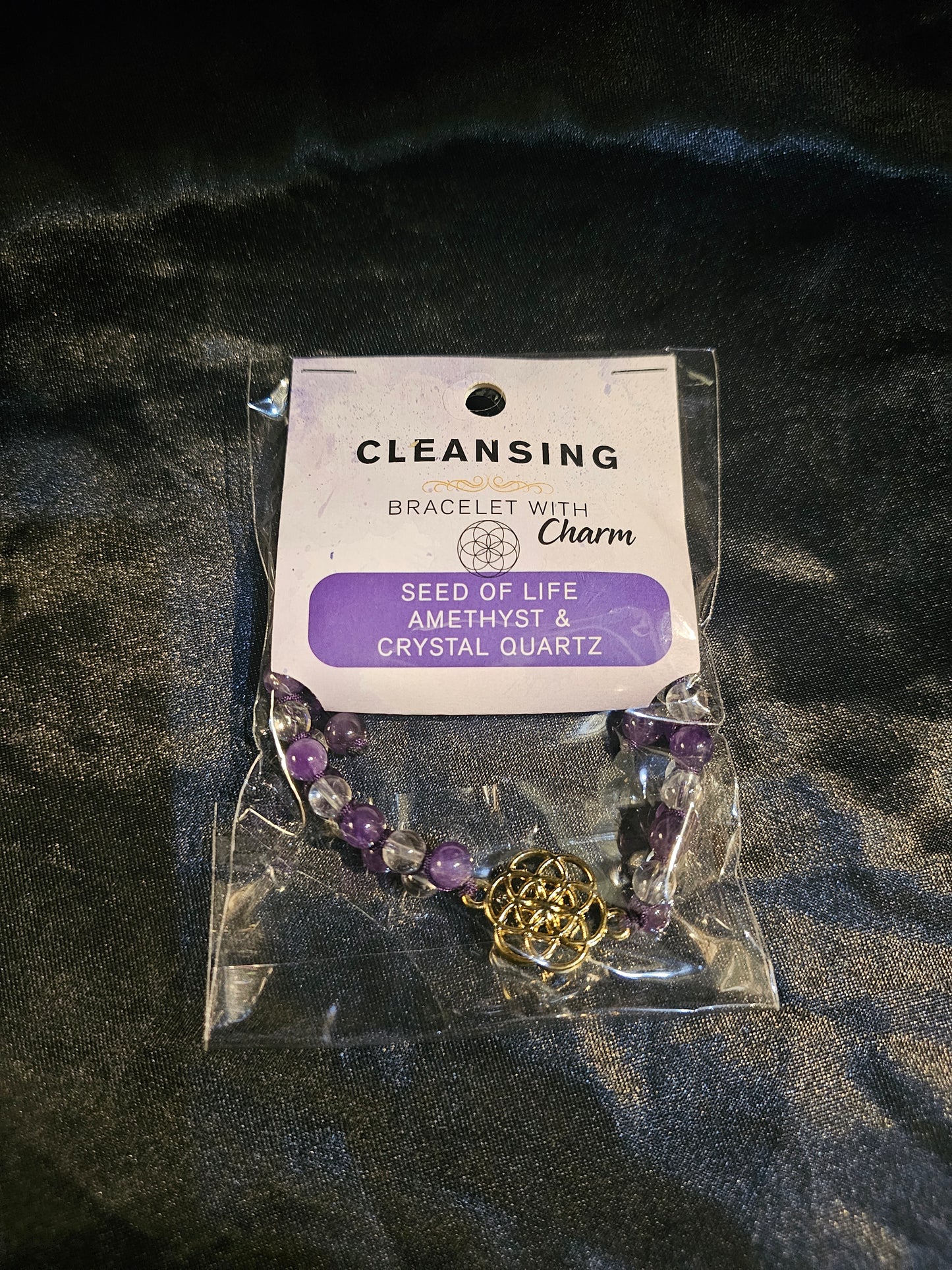 Amethyst and Quartz Crystal with Seed of Life Charm Bracelet / 8mm