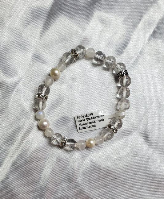 Clear Quartz, Moonstone, Pearl Bracelet